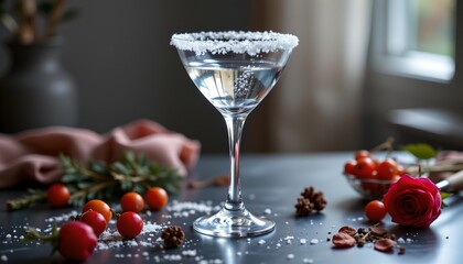 Obraz premium The image features a classic cocktail glass filled with a clear liquid, topped with a salted rim
