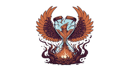 Obraz premium Phoenix rising from flames in hourglass with wings spread wide symbolizing rebirth and transformation in vibrant orange and brown hues