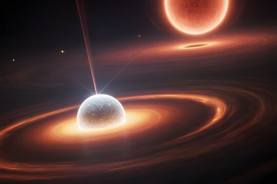 A binary star system with a glowing white dwarf star