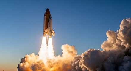 Naklejka premium A rocket ship launches into the sky with a large plume of smoke