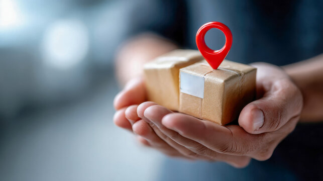 Hands holding a small cardboard box with a red location mark, delivery and shipping concept, with space for text