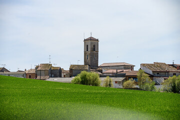 Naklejka premium Bell tower of San Miguel Arcangel church in Vertavillo rising above green fields