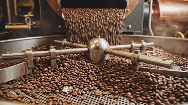 Freshly roasted coffee beans tumble and cool in a large industrial roasting machine