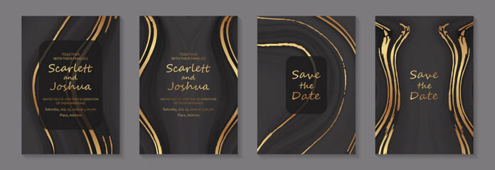 Luxury black liquid marble backgrounds with golden waves for wedding invitations or greeting cards or business. © Anna R