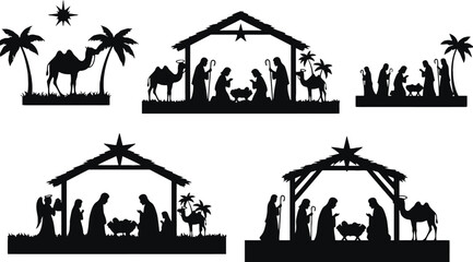 Nativity scene silhouette illustration with camels and palm trees
