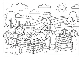 Pumpkin farmer harvesting vegetables in a field with a tractor for coloring page © Tanay
