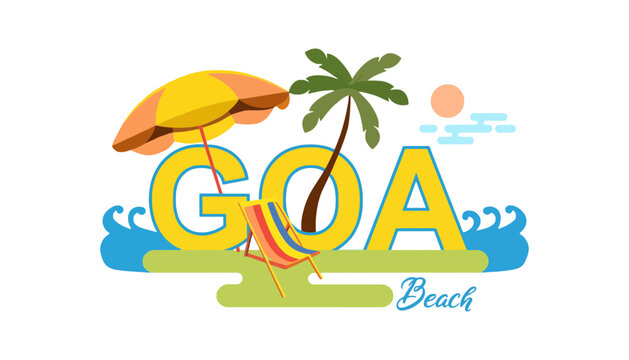 Goa beach illustration with colorful umbrella and palm tree