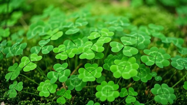 Field of green clovers growing on mossy ground. Lush patch of shamrocks in a natural forest setting. St Patricks Day and nature background