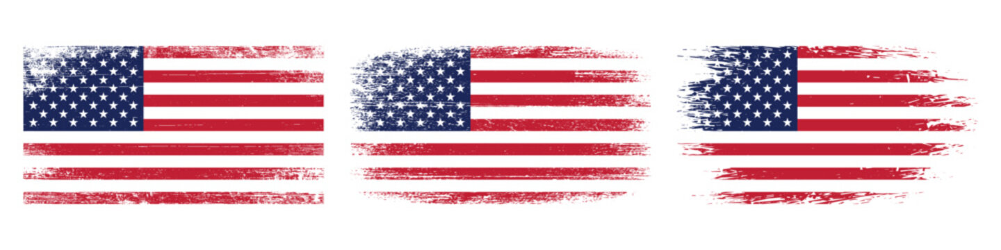 Three Grunge American Flags Waving with Faded Texture and Distressed Look