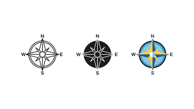 Compass rose designs with world map and navigation symbols for travel and geography concepts