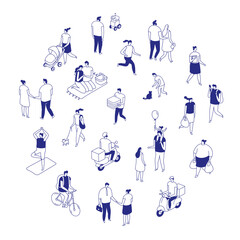 Fototapeta premium Isometric line people isolated set of diverse characters in everyday activities on white background. Minimal blue outline lifestyle bundle with fitness, music, delivery