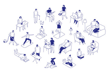 Obraz premium Modern everyday lifestyle bundle with home, work and leisure scenes. Designed as an isometric line people isolated collection with minimal blue outline characters on white.