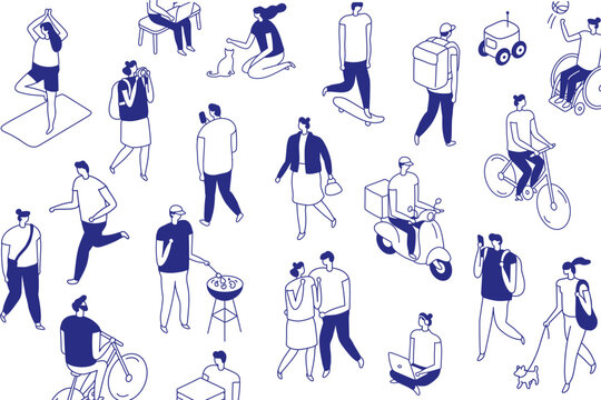 Minimal blue outline collection of diverse characters in everyday urban activities. This isometric line people isolated set shows delivery, family, work and modern mobility scenes on white.