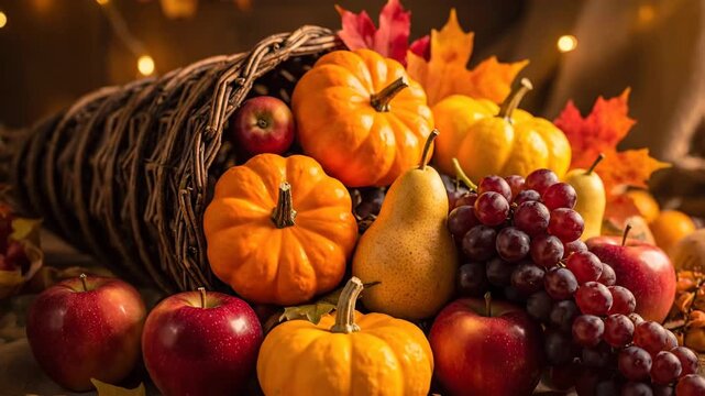 A cornucopia overflows with autumn harvest fruits and vegetables