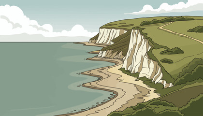 Serene illustrated coastal landscape featuring towering white cliffs overlooking a tranquil beach and sparkling sea under a clear sky, perfect for travel and nature themes © Commander