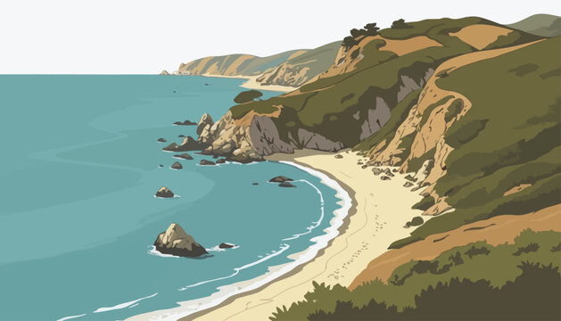 Serene coastal landscape illustration with sandy beach, dramatic cliffs, and calm ocean. Distant hills complete this peaceful vista, evoking tranquility and natural beauty