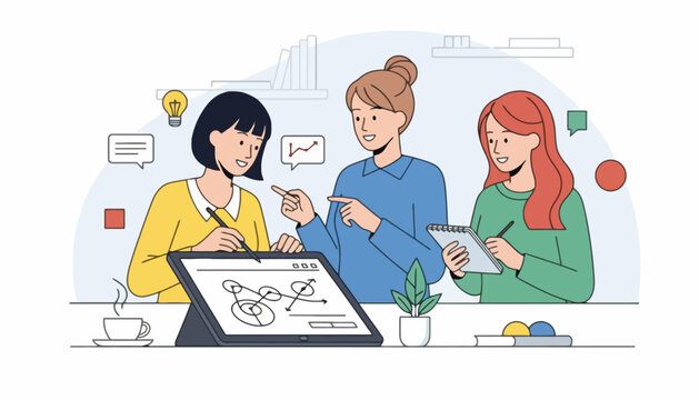 Teamwork and collaboration illustration of a diverse group of professionals brainstorming ideas and working on a project together
