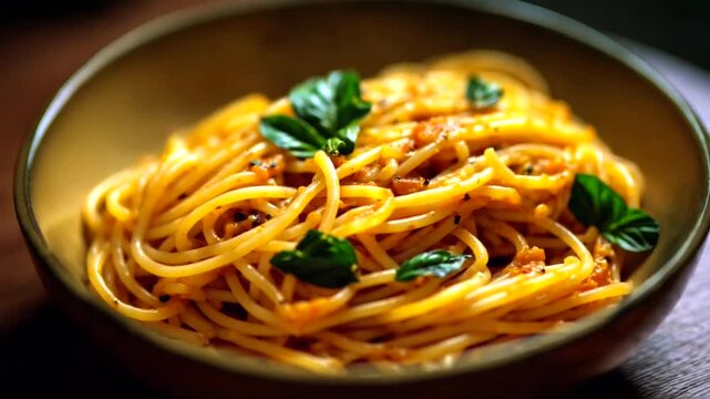 Delicious spaghetti with basil in a rustic bowl