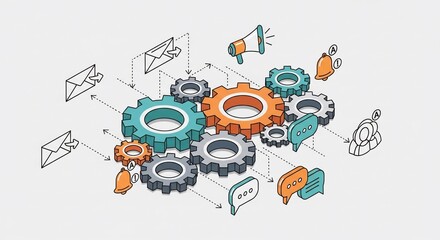 Fototapeta premium Isometric Gears and Communication Icons Illustrating Business Process Automation.