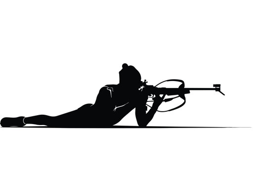 Biathlon athlete in prone shooting position. Silhouette of a person aiming a rifle. Winter sports and precision shooting concept.