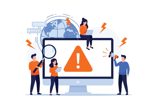 Illustration of team of people working on computer with warning sign and globe, concept of internet error or system failure