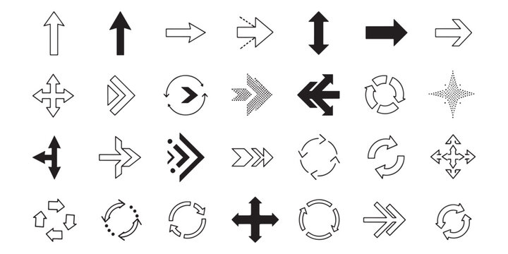 Vector set of 28 modern arrow icons, collection of directional pointers, circular refresh symbols and navigation signs for web and app UI.