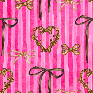 Seamless watercolor pattern with hearts, ribbons and stripes. Vertical Stripes Seamless Pattern. Abstract colorful vertical bands. Cozy fabric with striped design. Handmade pattern with variegated str