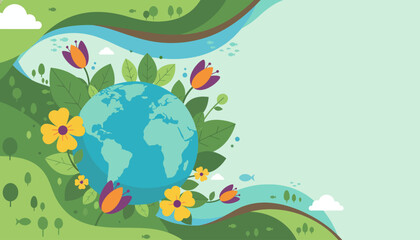 Fototapeta premium Celebrating Our Planet A Vibrant Earth Day Illustration with Blooming Flowers and Lush Greenery