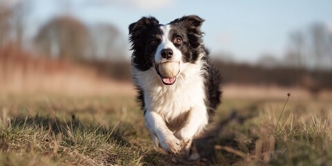 Fototapeta premium Border collie runs with a ball in a grassy field during a sunny day