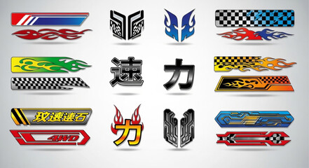 Collection of various car decals and graphic design elements for vehicle customization.