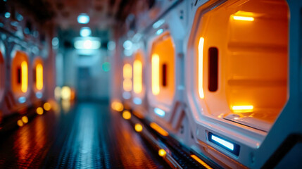 Warmly lit futuristic capsule hotel corridor with glowing orange pods and modern sci-fi interior design