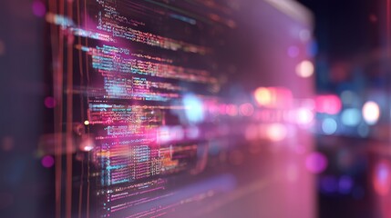 Colorful code lines move on a screen in a dimly lit space at night