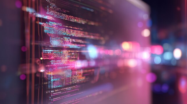 Colorful code lines move on a screen in a dimly lit space at night