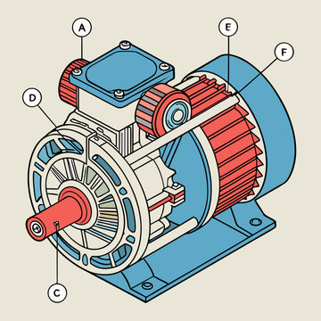 Cutaway isometric illustration of a blue and red industrial electric motor with labeled parts A, B, C, D, E, F. Educational diagram for technical understanding.