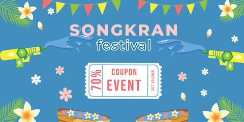 Fototapeta premium Songkran festival banner with coupon. Card thai celebration for promotion in business in web design. Vector illustration