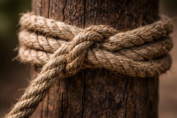 Close-up of a Natural Hemp Rope Tied in a Knot Around a Weathered Wooden Post - Rustic Texture and Strength Concept