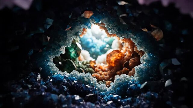 Camera zooms into a purple amethyst geode revealing glowing orange and emerald crystals inside a magical mineral cave