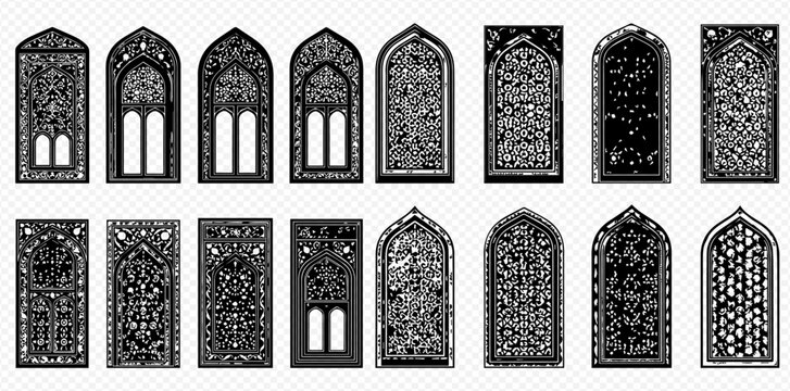 Set of intricate black and white Islamic arch windows and doors, featuring traditional patterns and detailed designs, perfect for architectural and cultural themes.