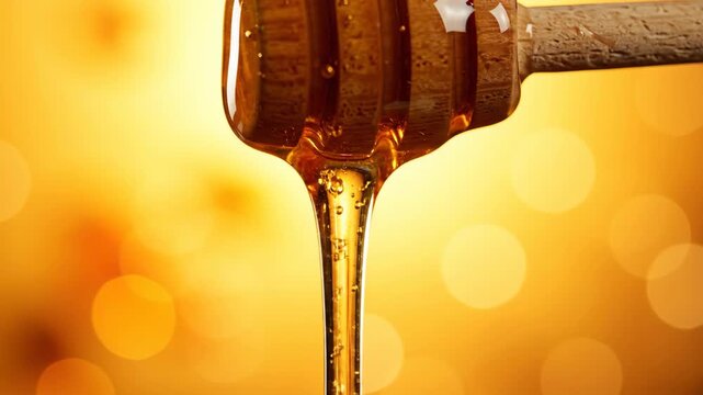 Extreme close-up of golden honey slowly dripping from a wooden dipper against a warm bokeh background