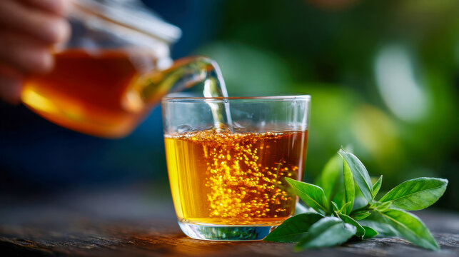 Hot tea poured into a clear glass cup with fresh mint leaves on a rustic table, cozy home beverage close-up