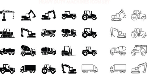 Heavy Duty Construction Equipment Silhouette Icon Set Vector Collection with Excavator Crane Tractor Dump Truck and Industrial Vehicles © MDShakhawat