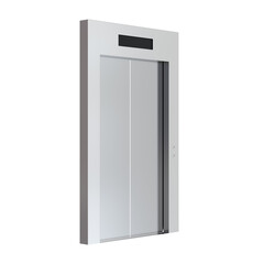 Modern elevator doors with gray sliding panels and black floor indicator, angled perspective centered in frame, isolated, ideal for building interior and accessibility concepts. © pikopixel