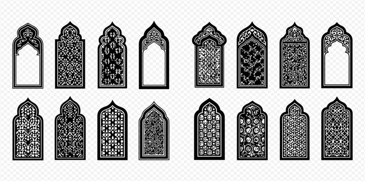 Set of Islamic Arch Windows with Intricate Arabic Patterns and Ornaments.
