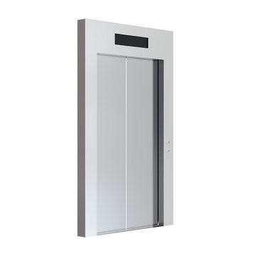 Modern elevator doors with gray sliding panels and black floor indicator, angled perspective centered in frame, isolated, ideal for building interior and accessibility concepts.