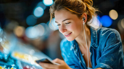 Young woman wearing earbuds using smartphone at night market with city bokeh lights