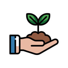 A hand in a business sleeve holding a small green plant growing out of brown soil