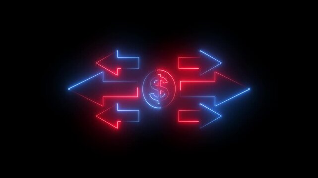 glowing neon dollar icon and business up arrow isolated with black background.