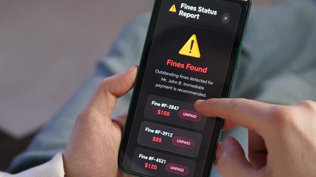 Person reviewing unpaid fines and alerts on mobile device at home. Financial notification interface with warning icon and outstanding balance. Ideal for fintech, online banking, payment reminder