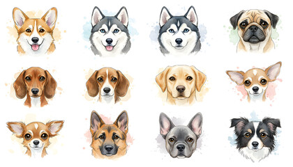 Fototapeta premium Watercolor Dog Breed Portraits Collection — Cute Pet Headshots of Corgi, Husky, Pug and More