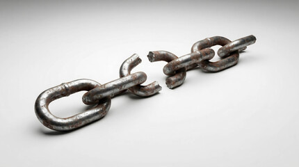 Fototapeta premium Broken metal chain on a plain surface showing a sharp break in the link with rough edges in a well-lit setting